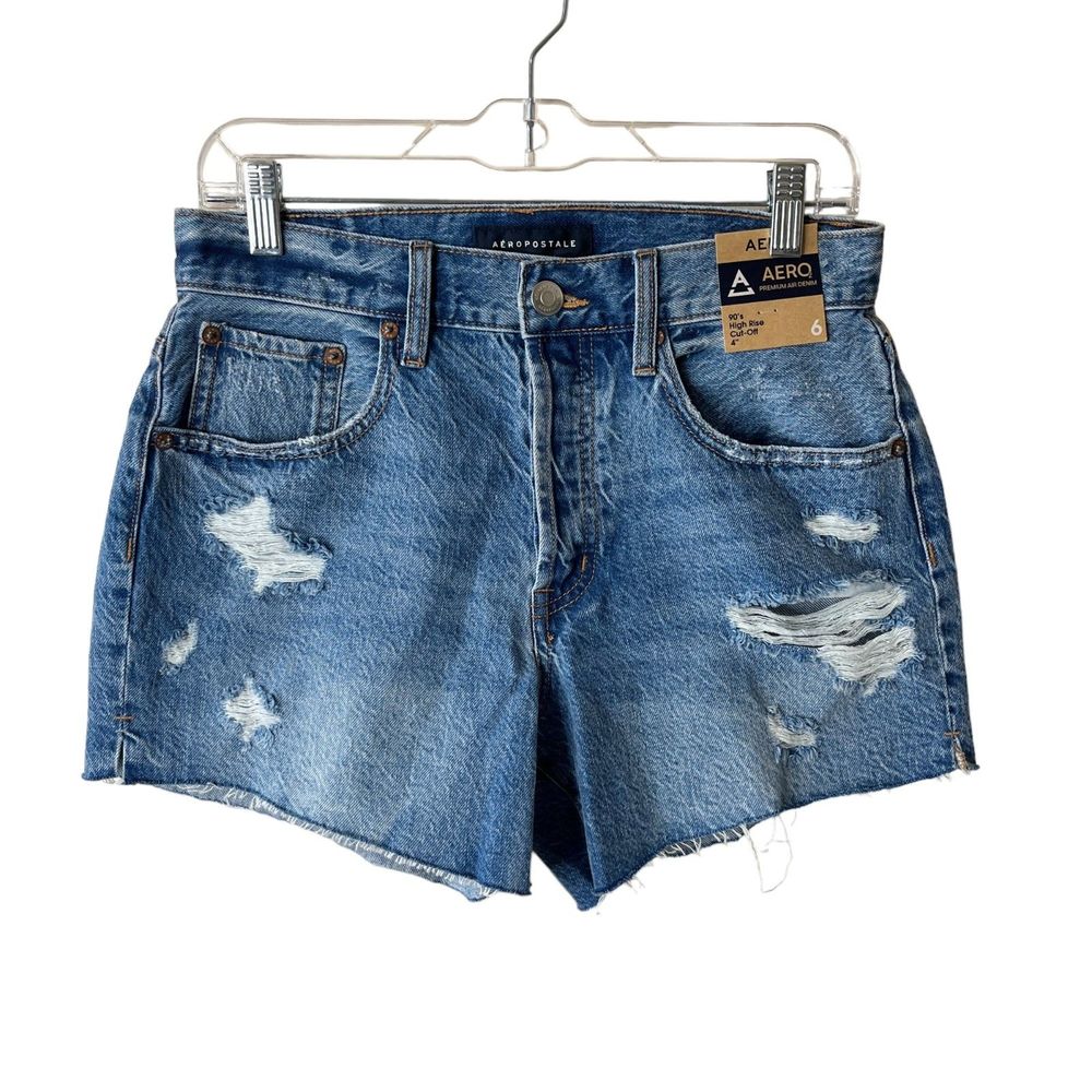 NWT Aero 90s High Rise Cut-Off 4" Jean Denim Shorts Sz 6 Raw Hem Button Fly
